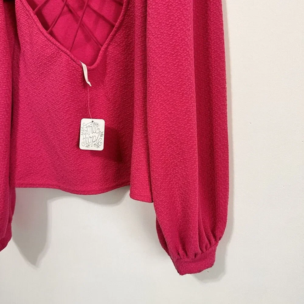 Free People Strappy‎ Back Textured Top S Pink Long Sleeve Criss Cross Trendy NEW